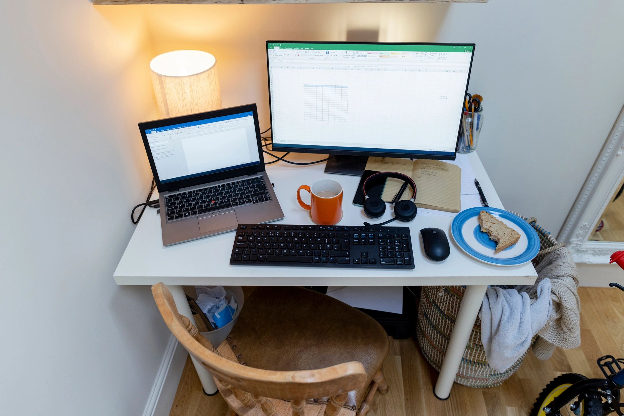 Home office desk illustrating digital information and service requests