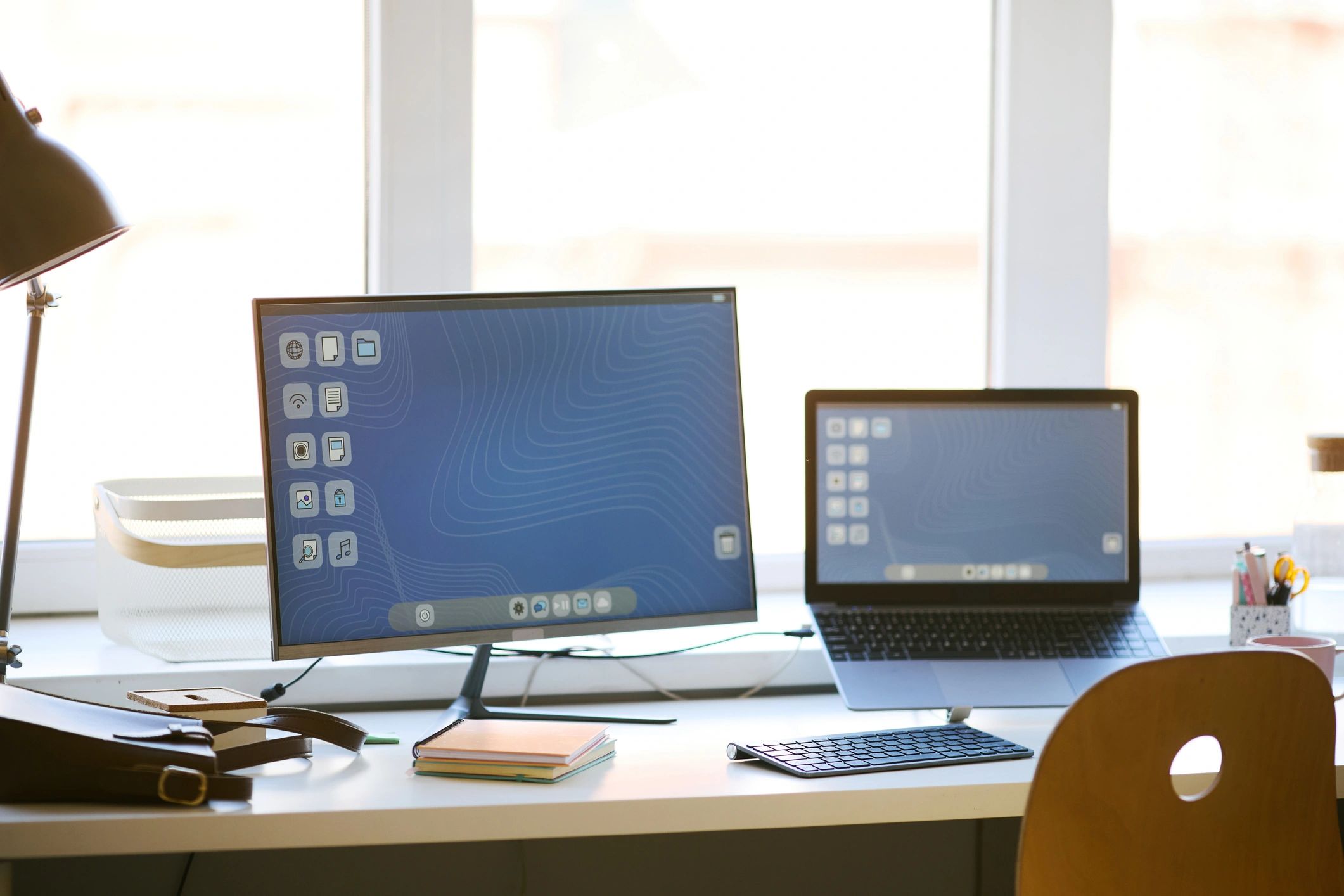 Modern home office workstation with desktop monitor and laptop