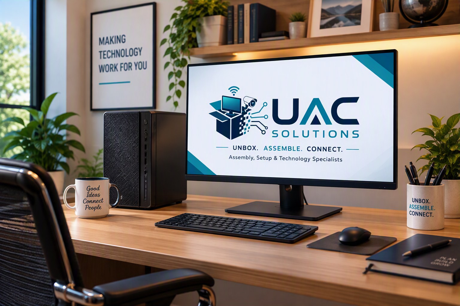 A tidy home office desk with a computer and monitor showing the UAC Solutions logo