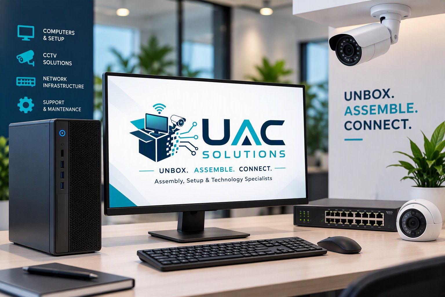 A desktop computer and monitor showing the UAC Solutions logo, with a security camera, network switch and dome camera in a modern office
